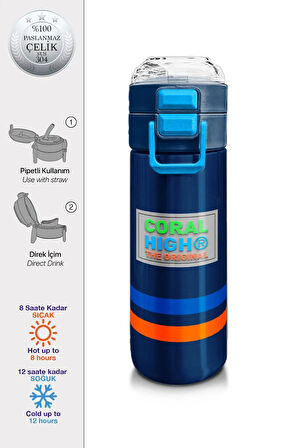 Kids Erkek Desenli Pipetli ve Direkt İçim Çelik Termos 500 ml