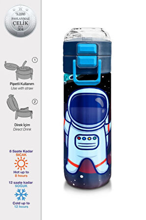 Kids Erkek Desenli Pipetli ve Direkt İçim Çelik Termos 500 ml