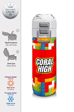 Kids Erkek Desenli Pipetli ve Direkt İçim Çelik Termos 500 ml