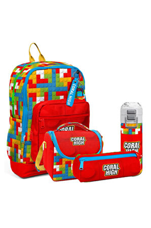 Kids Desenli 4'lü Okul Çanta Seti (Okul Çantası, Beslenme, Kalemlik, Matara)