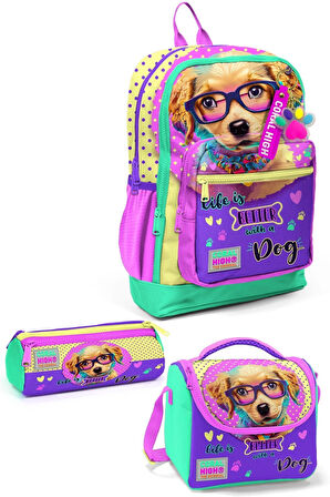 Coral High Kids Sarı Pembe Sevimli Köpek Desenli 3’lü Okul Çanta Seti 