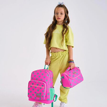 Coral High Kids Neon Pembe Su Yeşili Kalp Desenli 3’lü Okul Çanta Seti SET23113