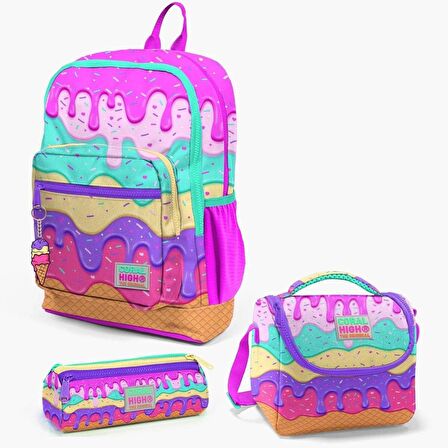 Coral High Kids Pembe Rengarenk Dondurma Desenli 3’lü Okul Çanta Seti SET23731