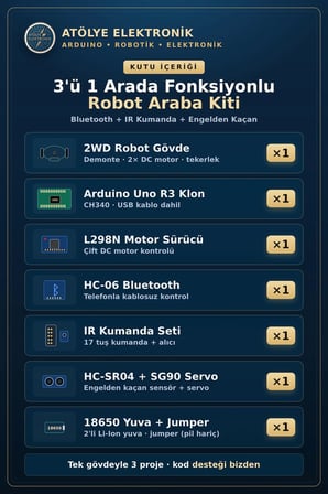 3'ü 1 Arada Çok Fonksiyonlu Robot Araba Kiti - 18650 Pil Yuvalı (Bluetooth+IR+Engelden Kaçan)