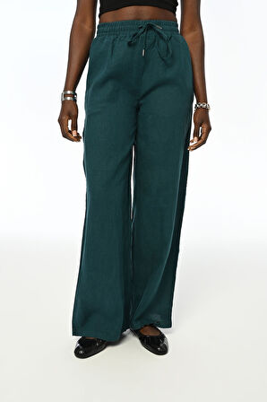 KADIN RAHAT KALIP %100 KETEN BOL PAÇA PETROL RENK PANTOOLON