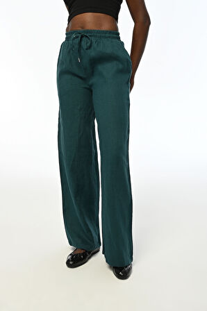 KADIN RAHAT KALIP %100 KETEN BOL PAÇA PETROL RENK PANTOOLON