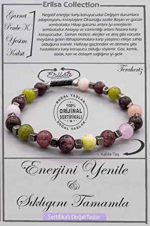 Serifikalı AAA+ Kalite Doğal Terahertz - Lal Pembe Kuvars Yeşim ve Kalsit Enerji Bilekliği