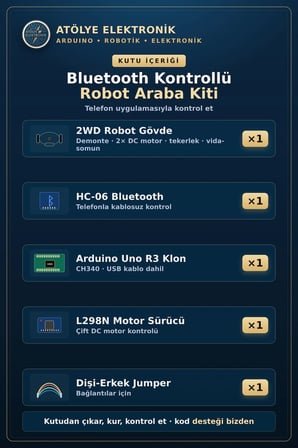 Bluetooth Kontrollü Robot Kiti - 18650 Pil Yuvalı Tam Set (Arduino + Motor Sürücü)