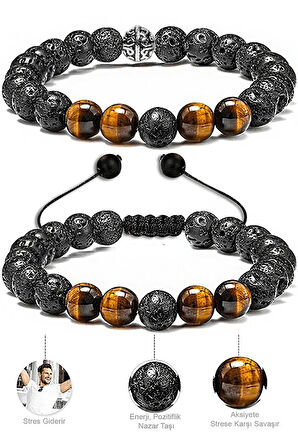 Sertifikalı Kaplan Gözü Lav Taşı Doğal Taş Bileklik Seti