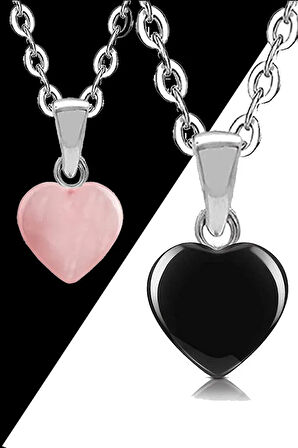 Pembe Kuvars - Obsidyen Taşı Doğal Taş Çift Sevgili Kolyesi