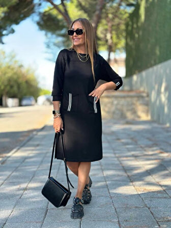 Aesco Kadın Viskon Pamuklu Kumaş Kol File , şerit Ve Cep Detaylı Elbise