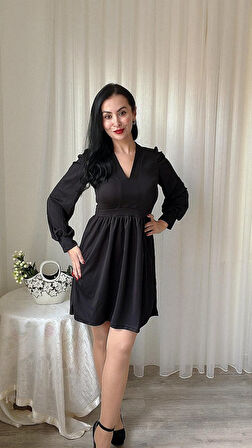 Aesco Kadın Uzun Kollu V Yaka Belden Hafif Pileli Scuba Krep Mini Boy Elbise