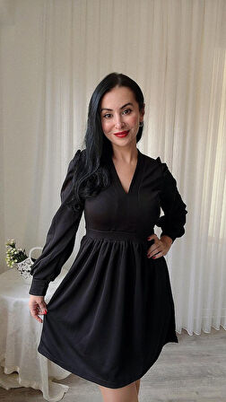 Aesco Kadın Uzun Kollu V Yaka Belden Hafif Pileli Scuba Krep Mini Boy Elbise