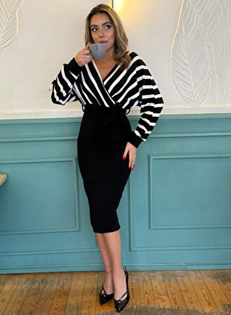 Aesco Uzun Kollu Kruvaze Yaka çizgi Desenli Kısa Triko Elbise