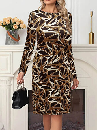 Aesco Kadın Uzun Kollu Bisiklet Yaka Desenli Dalgıç Kısa Elbise