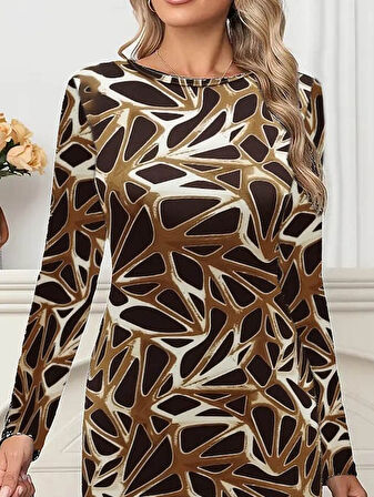Aesco Kadın Uzun Kollu Bisiklet Yaka Desenli Dalgıç Kısa Elbise