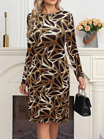 Aesco Kadın Uzun Kollu Bisiklet Yaka Desenli Dalgıç Kısa Elbise
