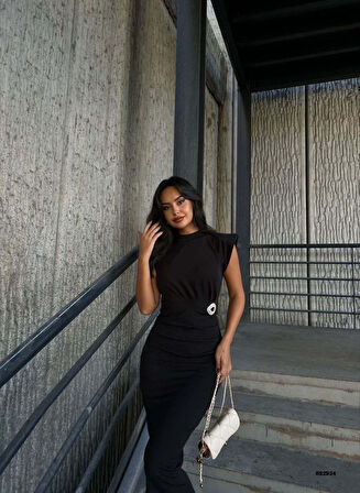 Aesco Kadın Bisiklet Yaka Vatkalı Broş Detay Kısa Kol Midi Boy Elbise