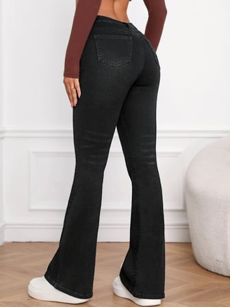 Aesco Kadın Yüksek Bel Cepli İspanyol Paçalı Kot Jeans Pantolon