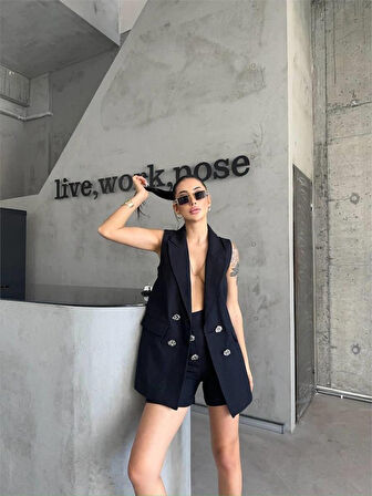 Aesco KETEN YELEK - ŞORT TAKIM - Siyah