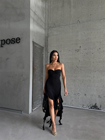 Aesco STRABLEZ SANDY ELBİSE YANLARI KATLI - Siyah