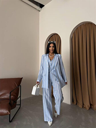 Aesco ÇİZGİLİ KETEN YELEK-PANTOLON TAKIM - Mavi