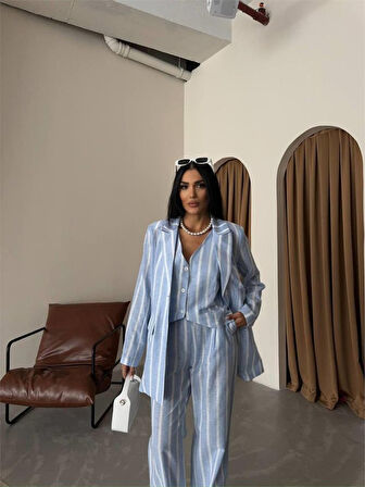 Aesco ÇİZGİLİ KETEN YELEK-PANTOLON TAKIM - Mavi