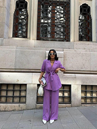 Aesco KISA KOL BAĞLAMA DETAYLI CEKET-PANTOLON TAKIM - Mor