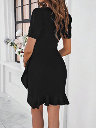 Aesco Kadın Kısa Kollu Bisiklet Yaka önden Fırfırlı Büzgülü Janjan Krep Kısa Elbise