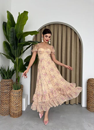 Aesco ŞİFON KUMAŞ DİJİTAL DESEN BASKILI ELBİSE