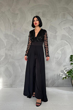 Aesco Siyah Kolları Tül Etekli Tulum