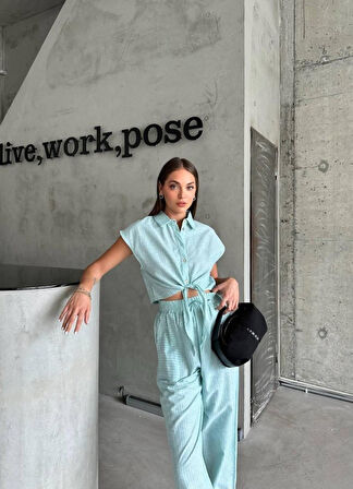 Aesco ÇİZGİLİ KETEN KOLSUZ CROP PANTOLON TAKIM - Yeşil