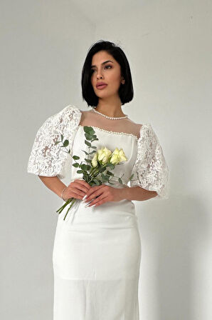 Aesco Beyaz İncili Tül Detay Elbise