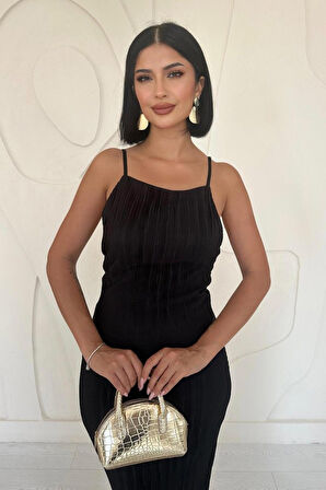 Aesco Siyah Piliseli Halter Boyun Elbise