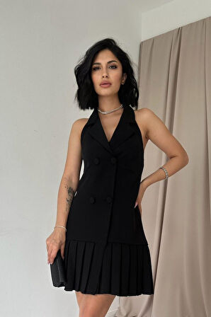 Aesco Siyah Sırtı Açık Ceket Yakalı Elbise