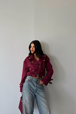 Aesco SÜET CROP CEKET KOL 3 KEMER DETAYLI - Bordo