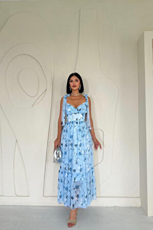 Aesco Mavi Şifon Drapeli Elbise