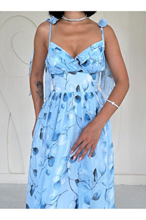 Aesco Mavi Şifon Drapeli Elbise