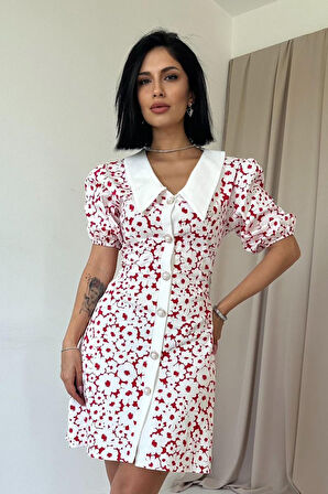 Aesco Fuşya Önlük Yakalı Poplin Elbise