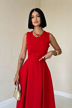 Aesco Kırmızı Halter Yaka Kloş Elbise