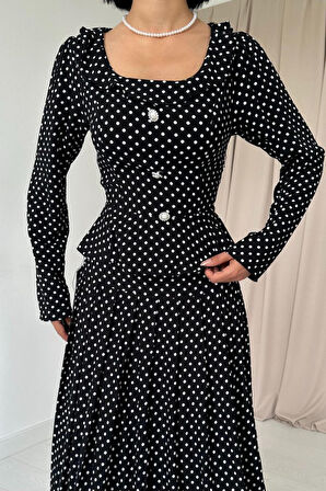 Aesco Siyah Puantiye Desenli Volanlı Elbise