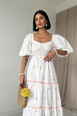 Aesco Pudra Dantel Detaylı Brode Elbise