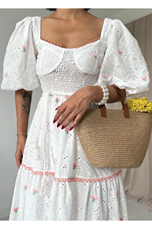 Aesco Pudra Dantel Detaylı Brode Elbise