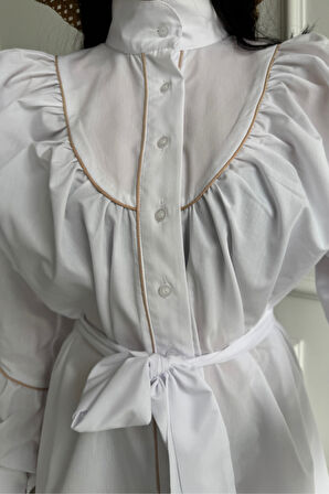 Aesco ÖNDEN DÜĞMELİ POPLİN KLOŞ ELBİSE BAĞLAMA KEMER DETAYLI - Beyaz