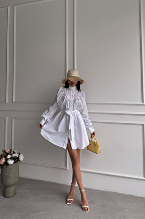 Aesco ÖNDEN DÜĞMELİ POPLİN KLOŞ ELBİSE BAĞLAMA KEMER DETAYLI - Beyaz