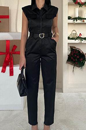 Aesco Siyah Vatkalı Kemerli Tulum