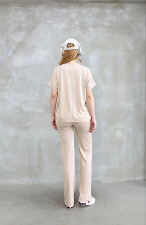 Aesco Osy Modal Yumuşak Dokulu Kumaş Bisiklet Yaka Kısa Kollu Takım - Bej