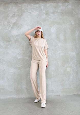 Aesco Osy Modal Yumuşak Dokulu Kumaş Bisiklet Yaka Kısa Kollu Takım - Bej