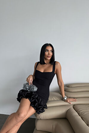 Aesco ASKILI KISA DAR ELBİSE ETEKUCU TASARIM KATLI - Siyah