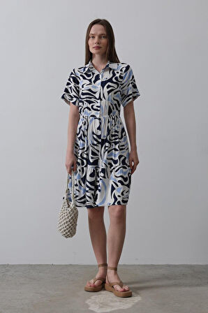 Aesco Baskılı Keten Elbise - Lacivert